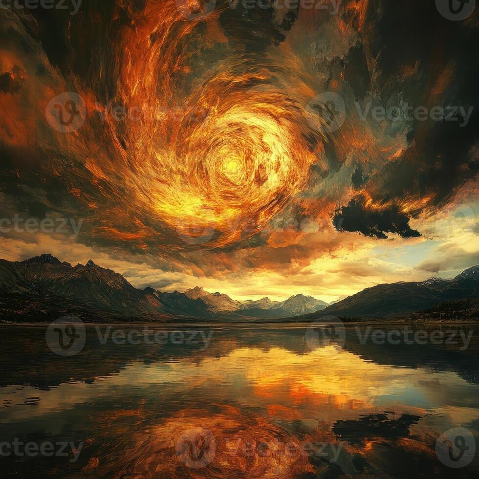 Fiery sky with a vortex above mountain reflected on lake photo