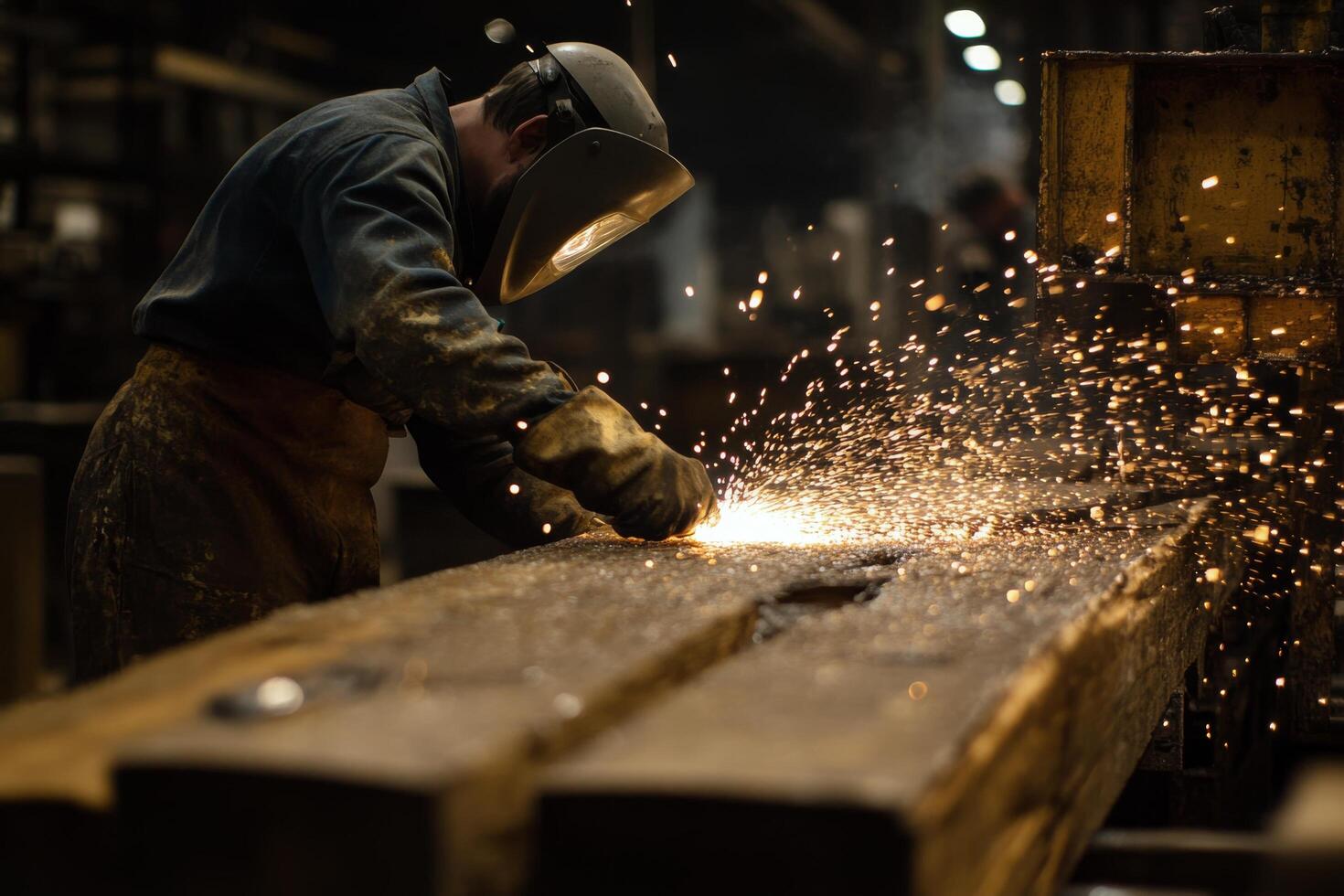 A man is welding a piece of wood photo