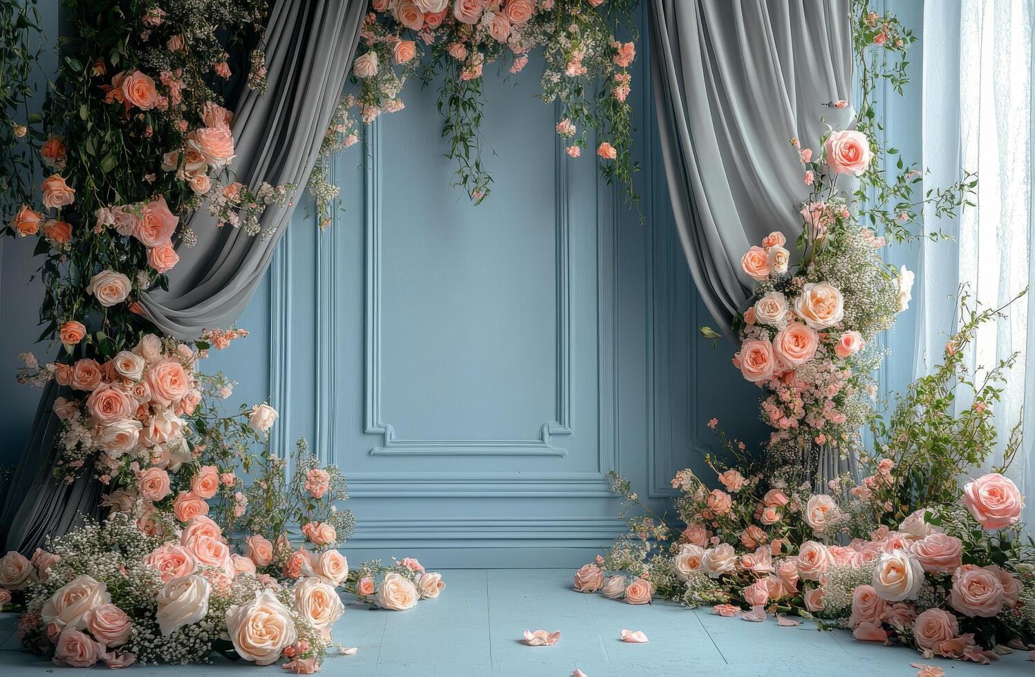 A room with flowers and curtains photo