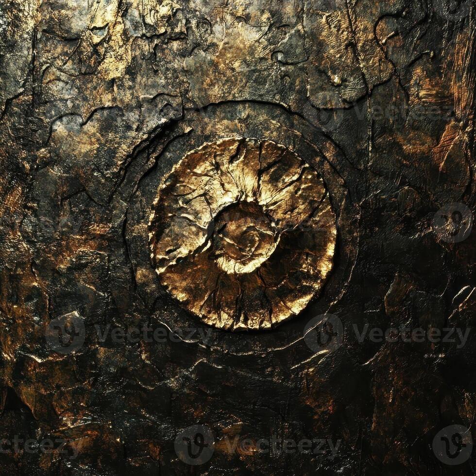 Fossilized ammonite imbedded in rough dark textured stone surface photo
