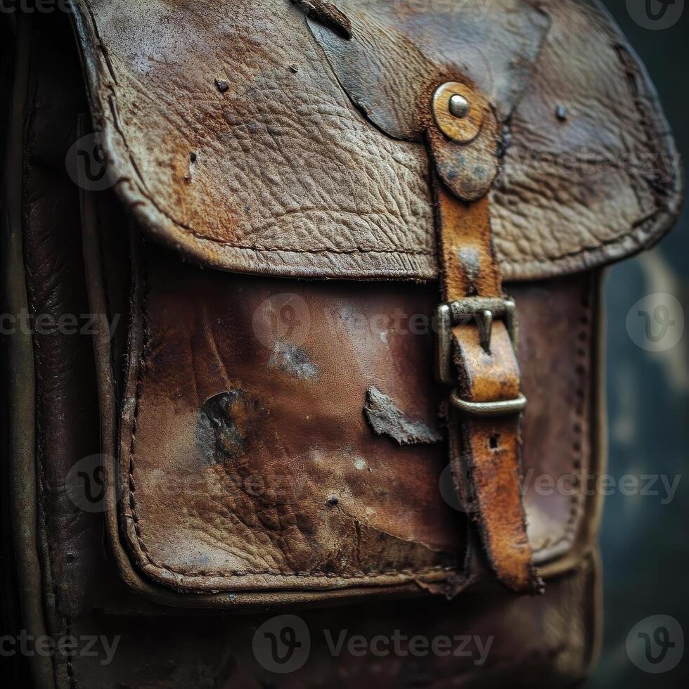 Close up of an aged distressed leather satchel with buckle photo