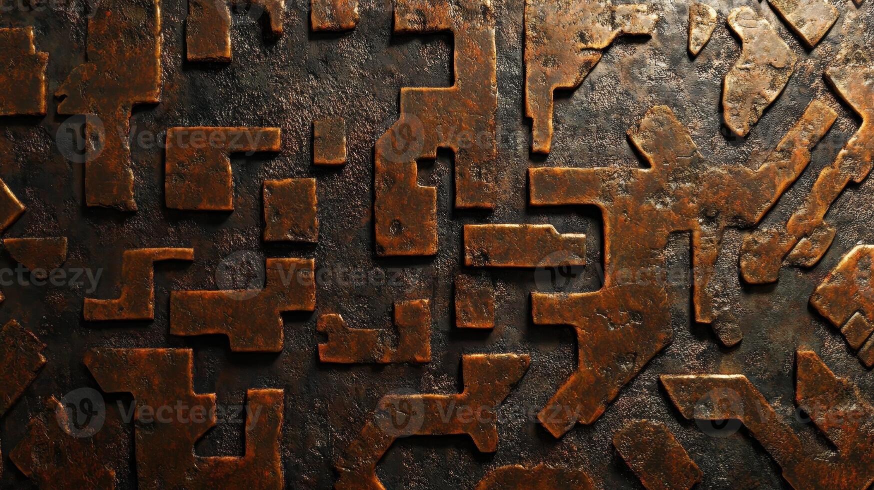 Textured surface featuring copper colored geometric shapes and dark background photo