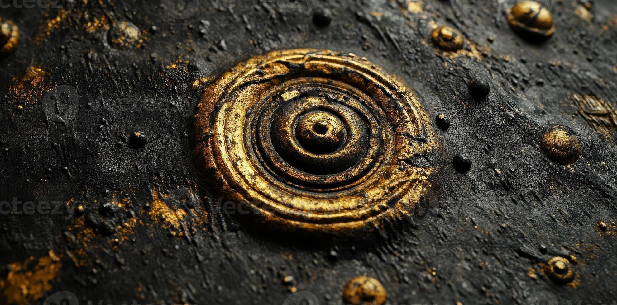 Golden concentric circle embedded on a rough dark surface photo