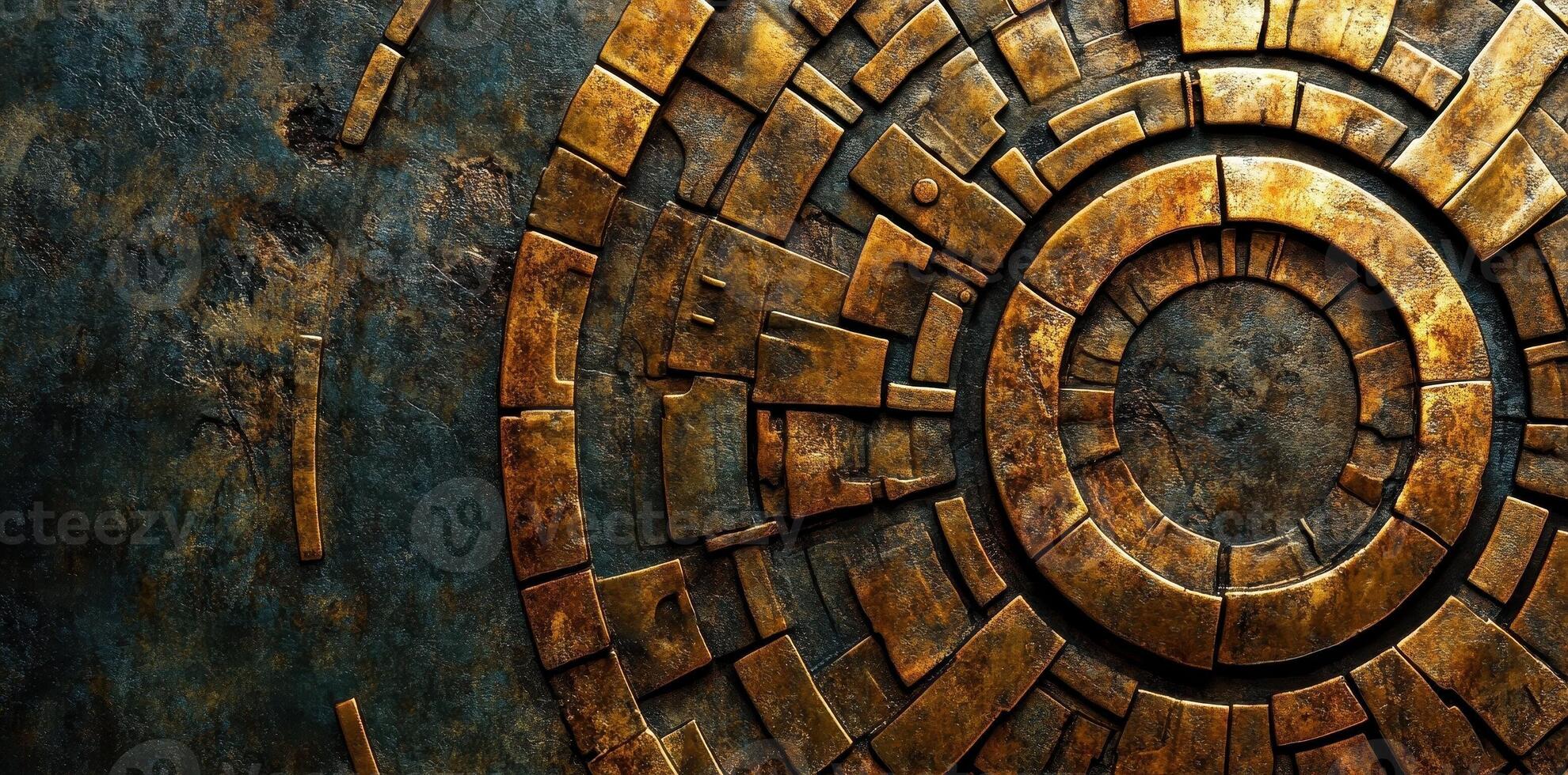 Ancient metallic circular mechanism embedded within a stone surface photo