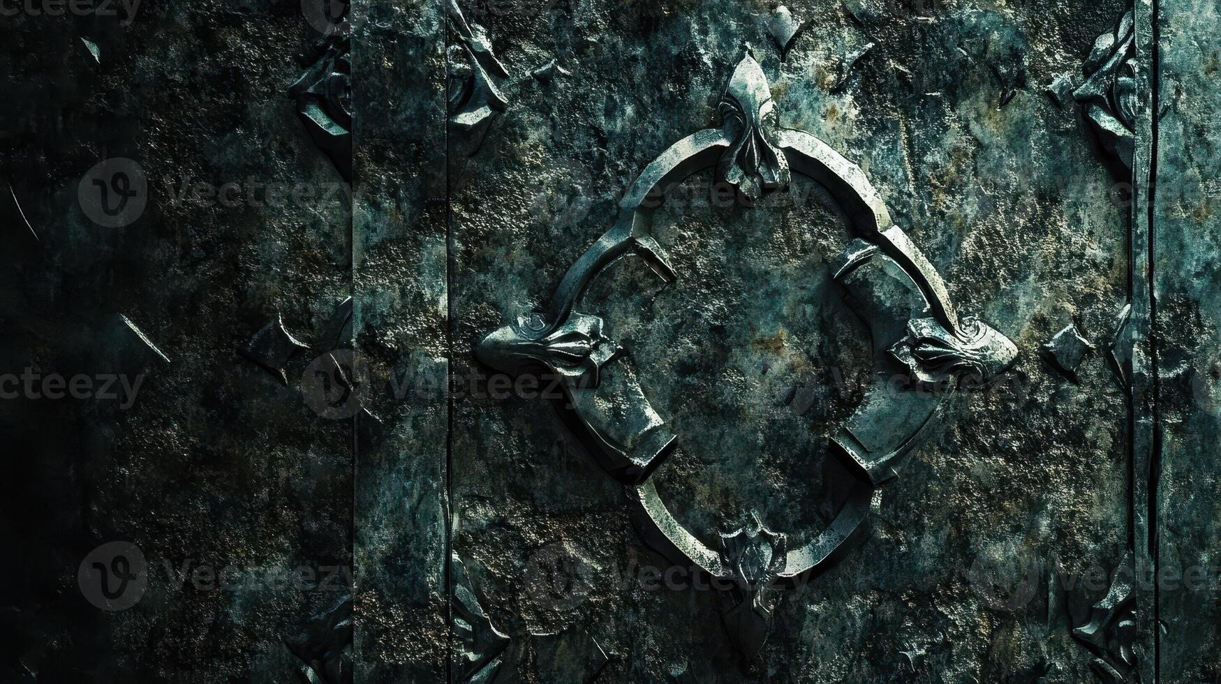 Ornate metal door with dragon details and weathered texture photo