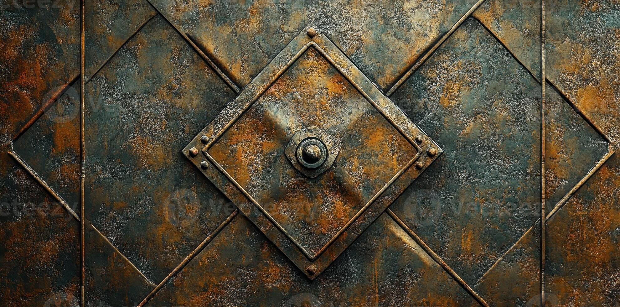 Heavily textured metal gate with aged and rusted design photo