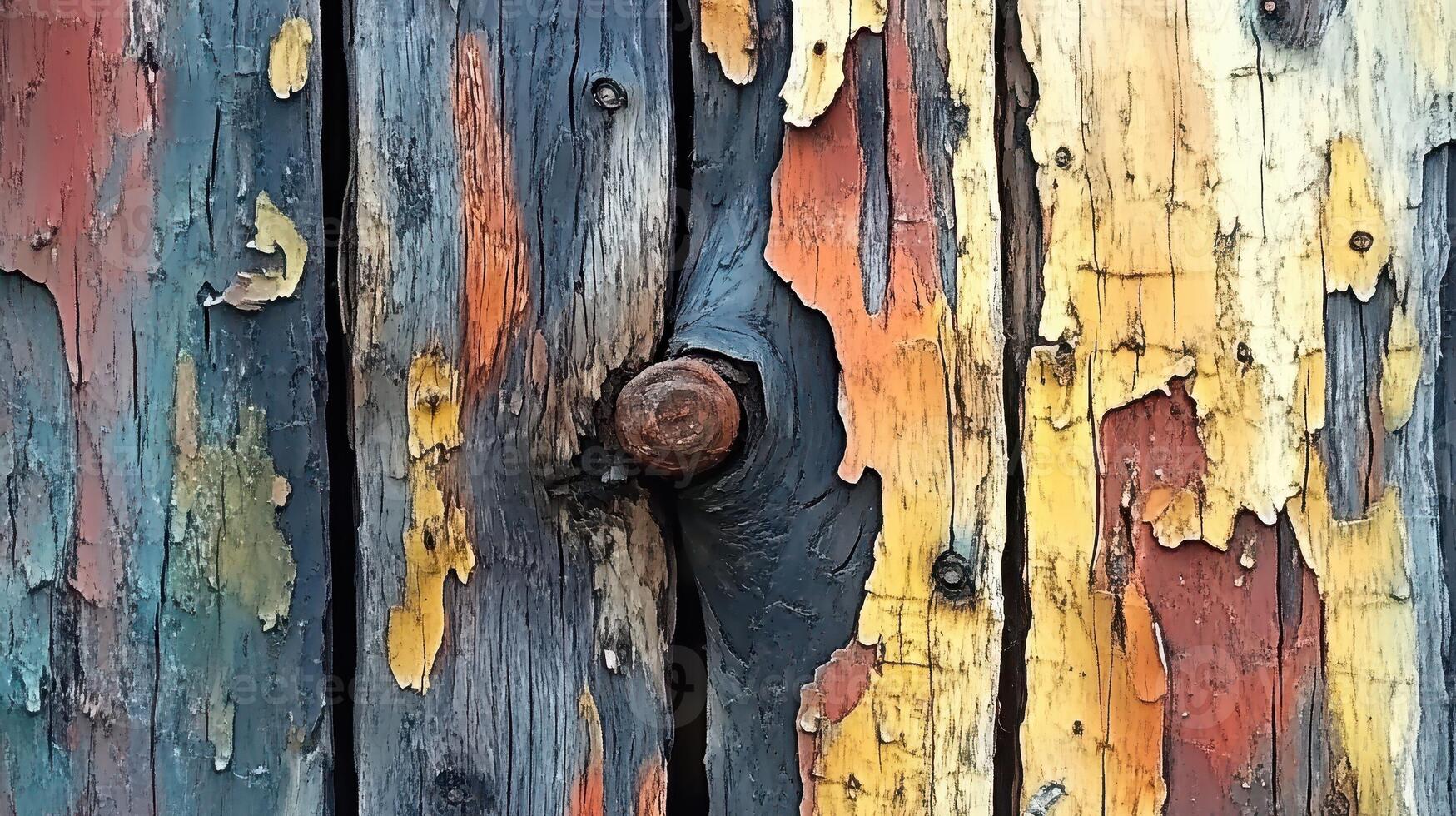 Weathered wooden planks show layers of peeling paint colors photo