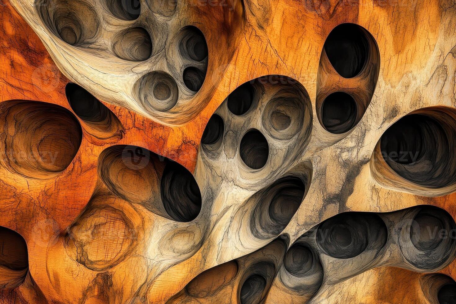 Abstract interconnected organic forms with numerous dark circular openings photo