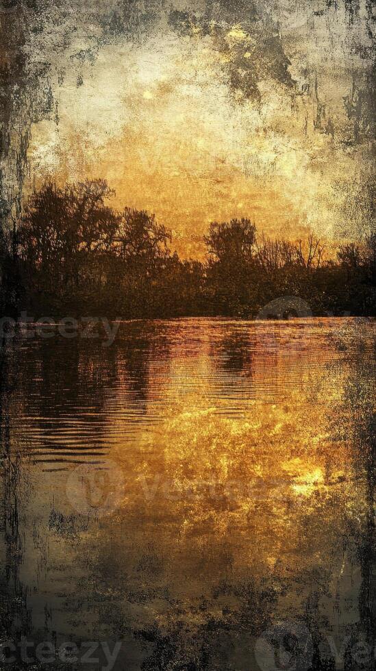 Textured image shows a sunset over a river lined with trees photo
