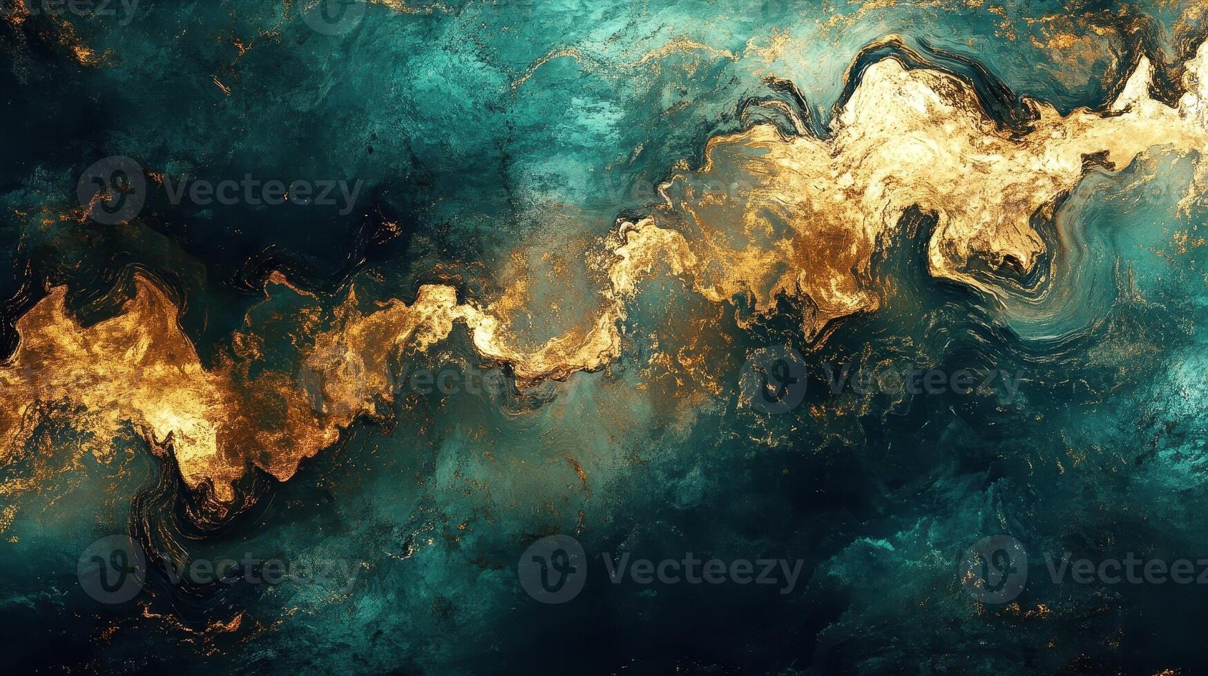 Abstract painting featuring swirling turquoise colors with golden accents photo