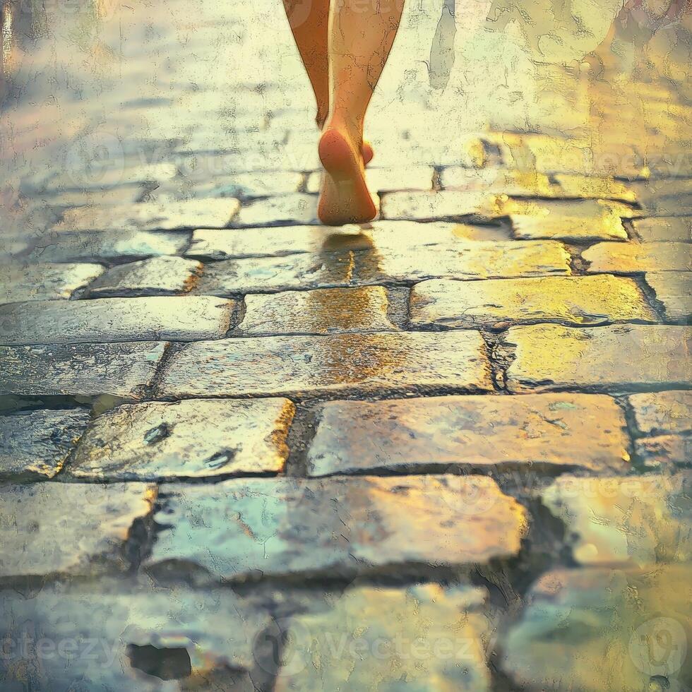Bare feet walking on wet cobblestone path in soft light photo