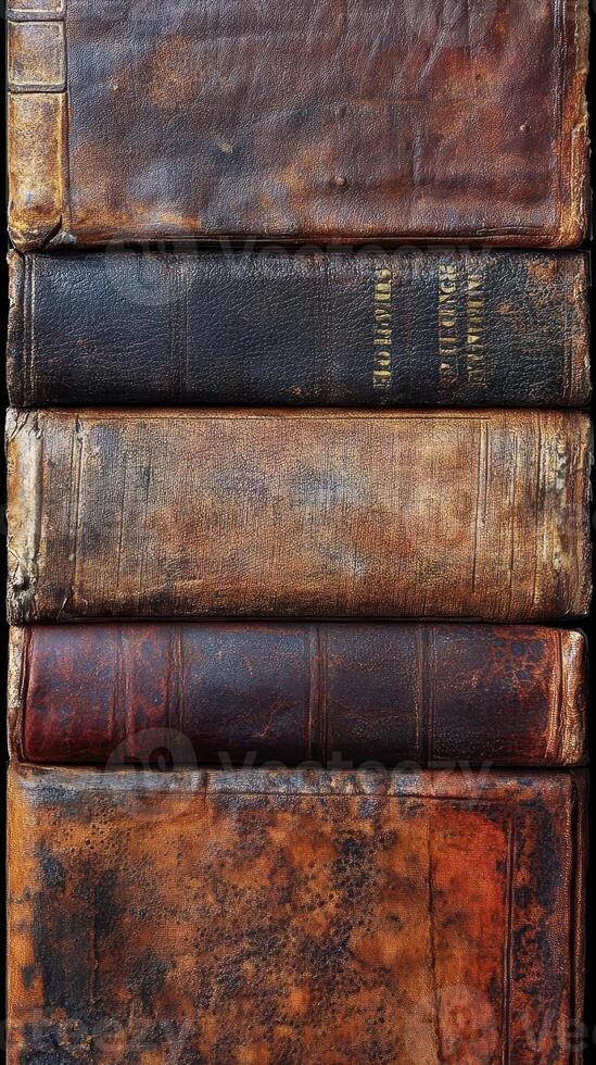 Stack of aged leather bound books showing wear and patina photo