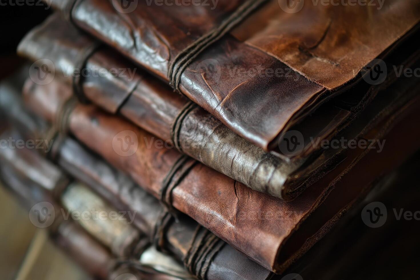 Stack of old leather bound journals with twine closure is shown photo