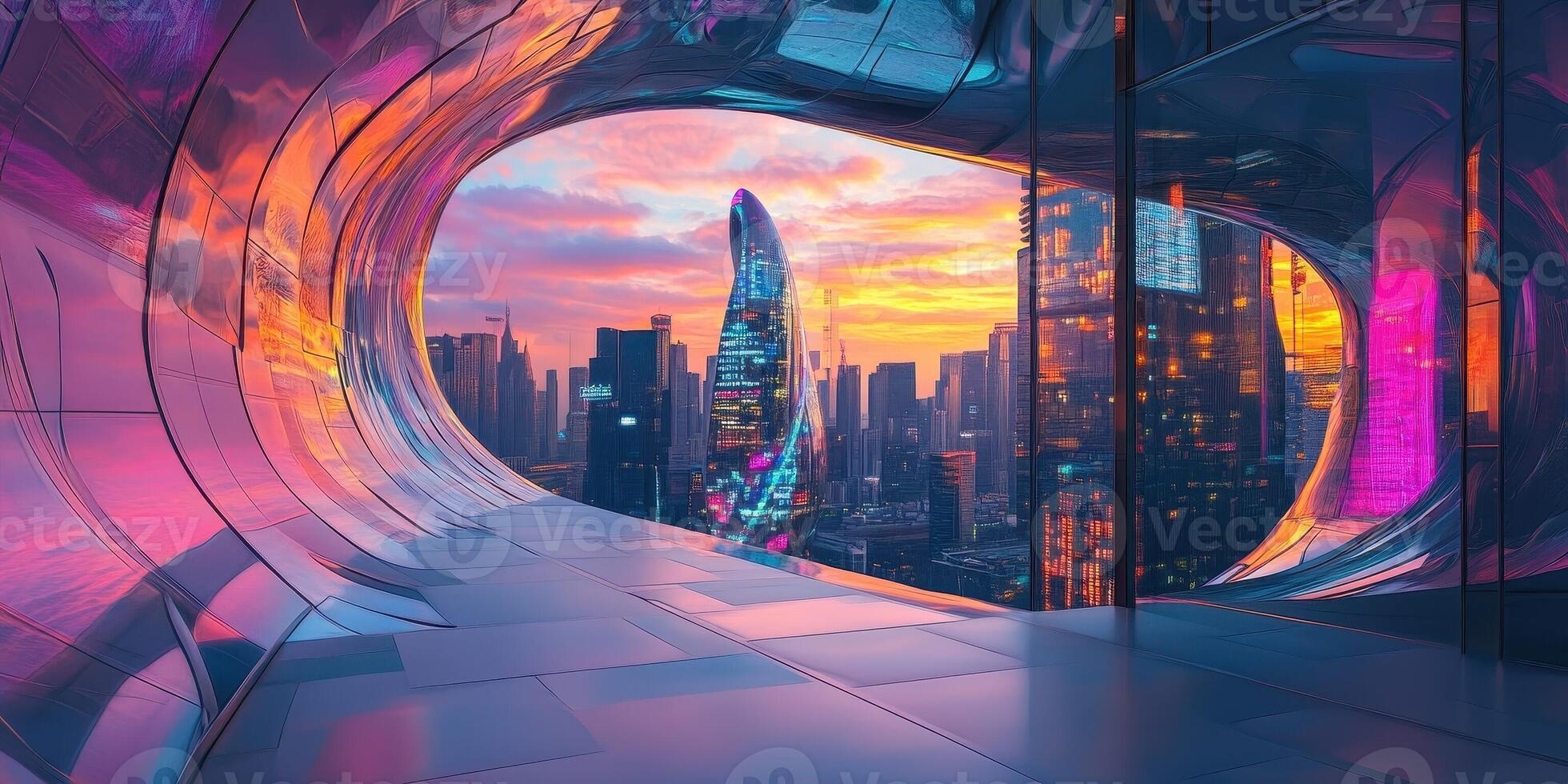 Futuristic cityscape view from an abstract tunnel at sunset photo