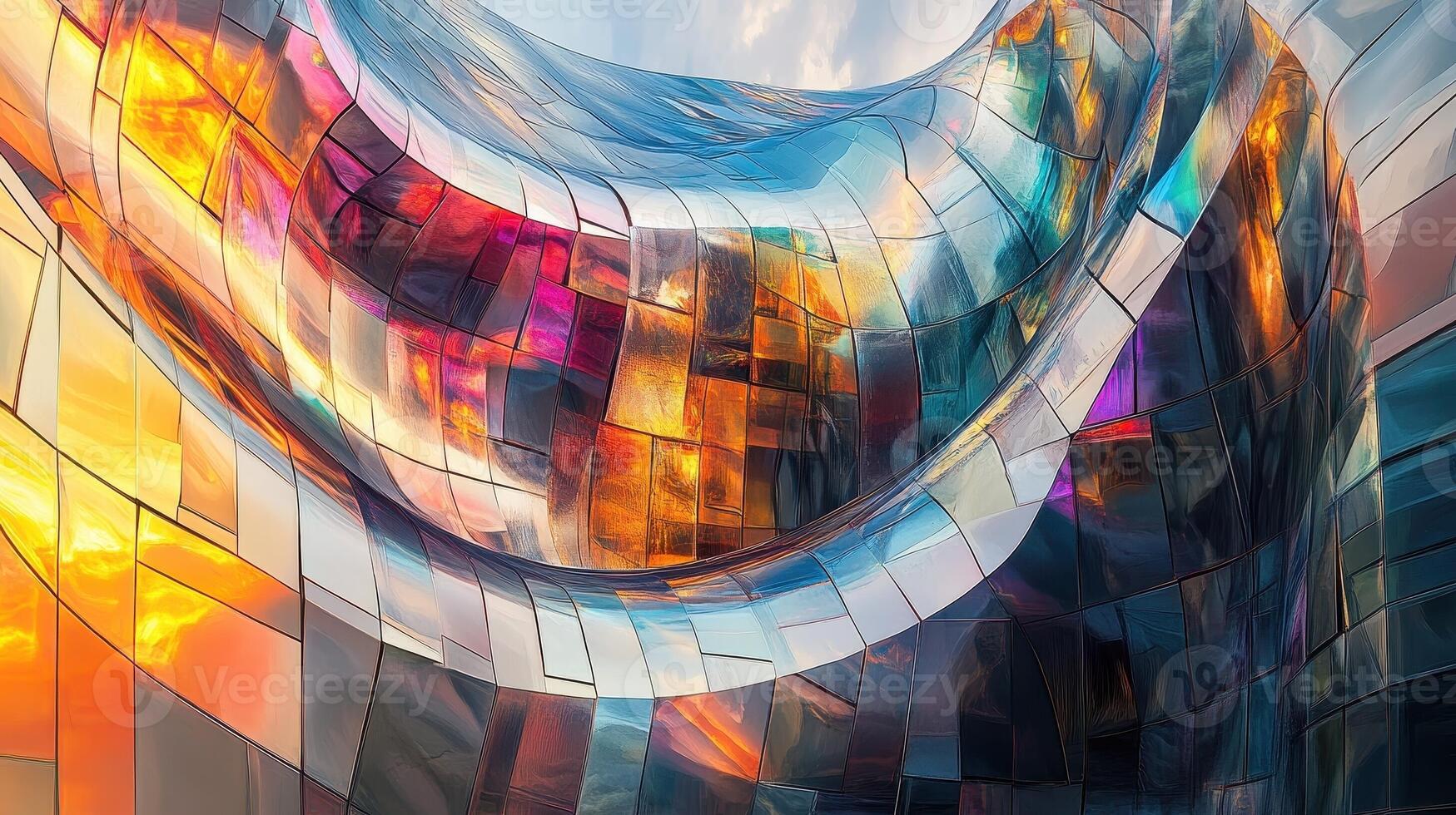 Abstract architecture with colorful reflective panels against sky photo