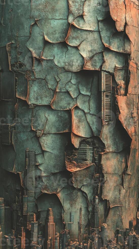 Eroding building facade reveals a city beneath its cracked surface photo