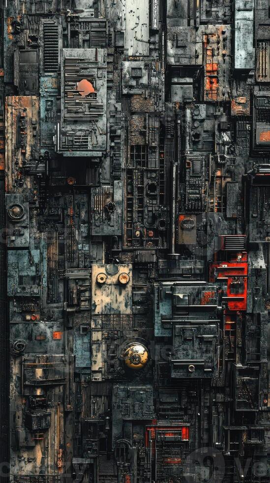 Intricate technological cityscape features complex layers of machinery photo