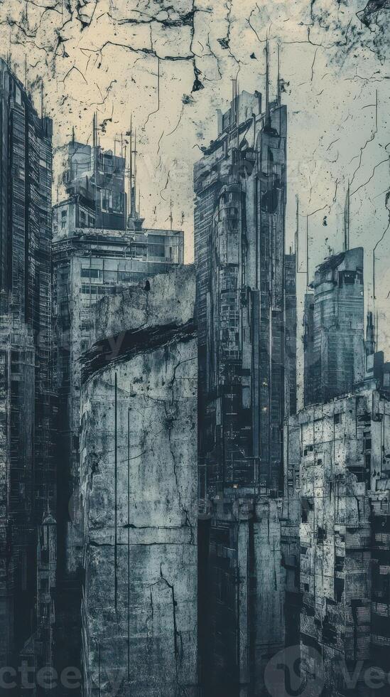 Dilapidated cityscape shows decayed skyscrapers under a textured gray sky photo
