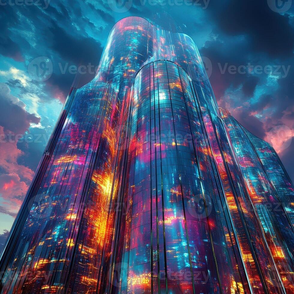 Abstract skyscraper with vibrant colorful reflections reaches into the sky photo