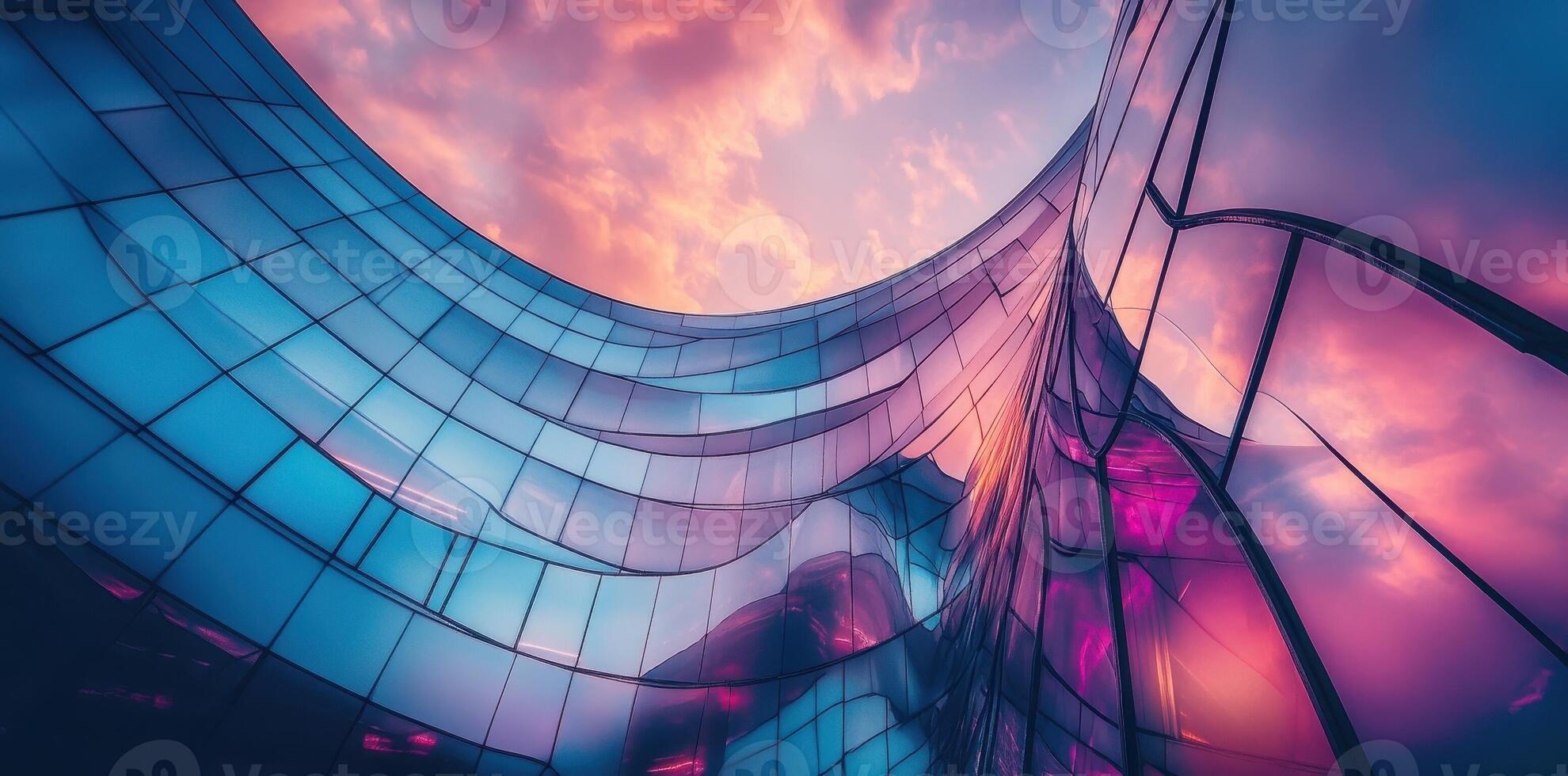 Curving glass facade reflecting the sky in an urban setting photo
