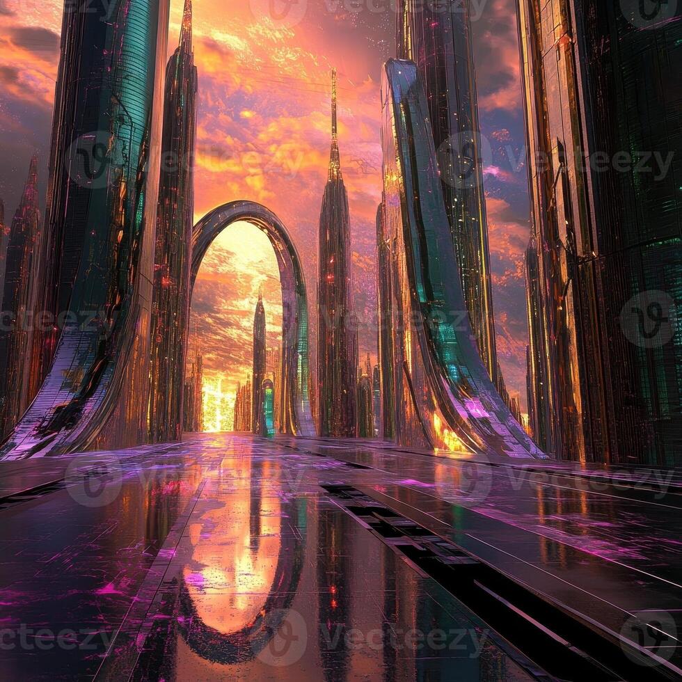 Futuristic city with towering structures and a colorful sky photo