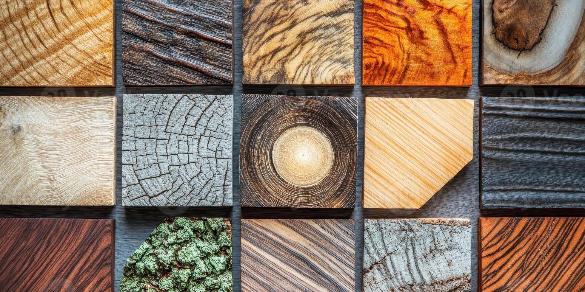 An arrangement of diverse wooden squares shows various textures photo