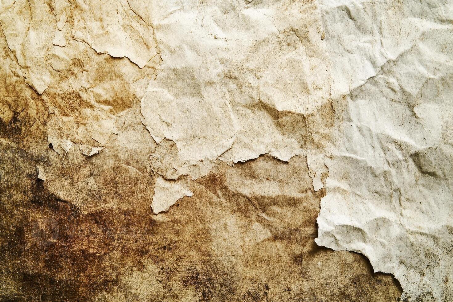 Crumpled and torn paper displays aged textures and discoloration photo