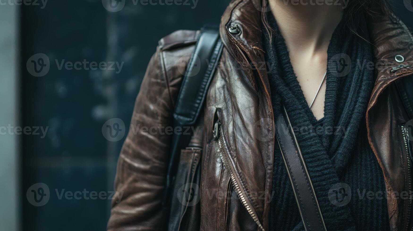 Woman wearing a brown leather jacket with a black sweater photo