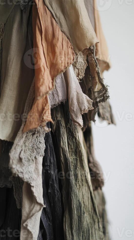 Various tattered fabrics layered to create an abstract textile art photo
