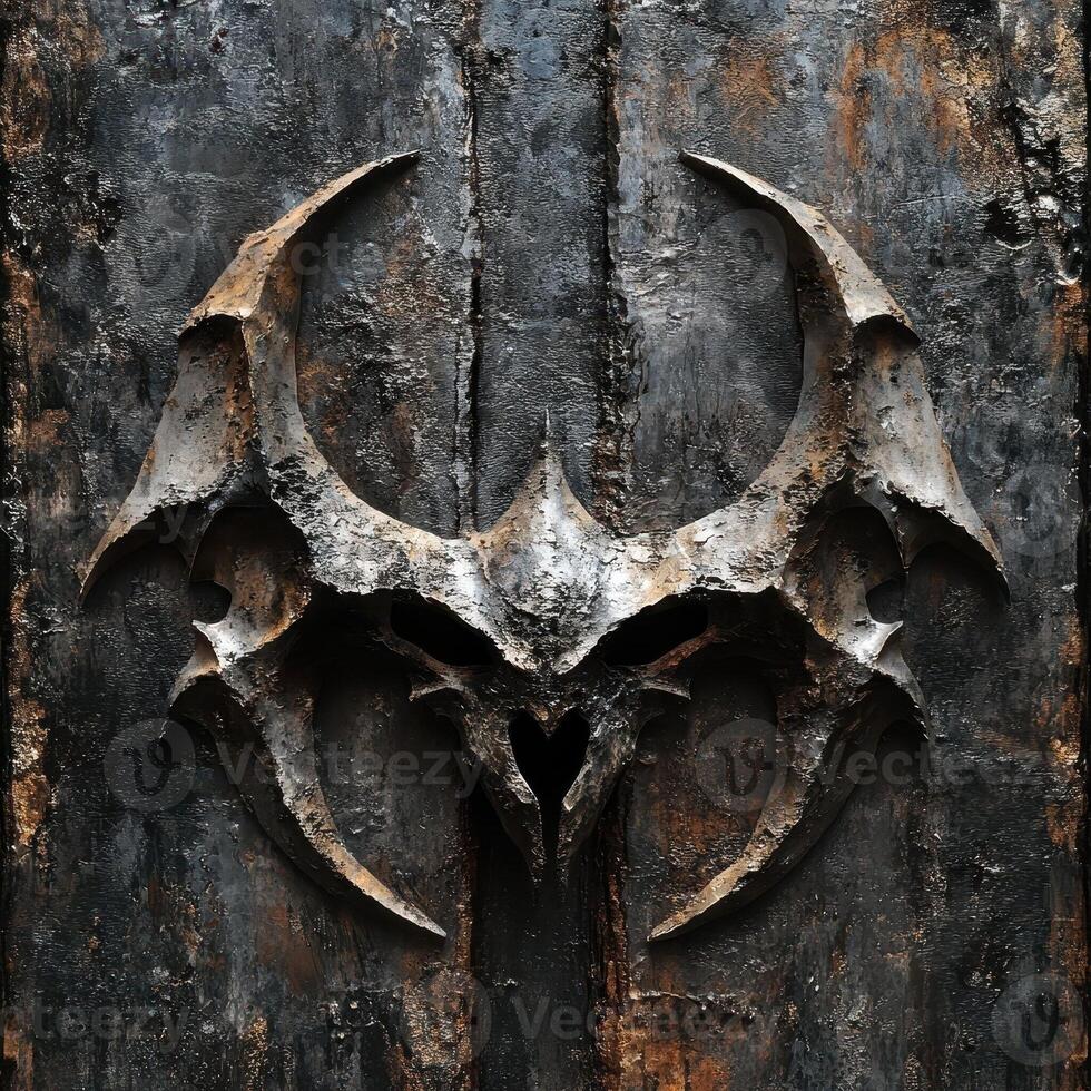 Ornate metal emblem of a demonic face affixed to wood photo