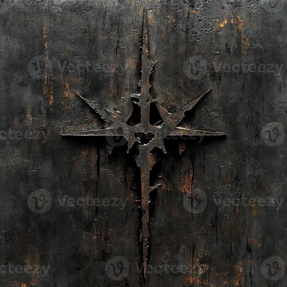 Intricate dark metal cross design on a textured background photo