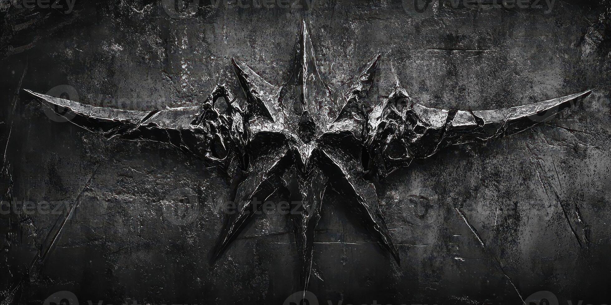 Dark and foreboding emblem carved into a textured stone surface photo