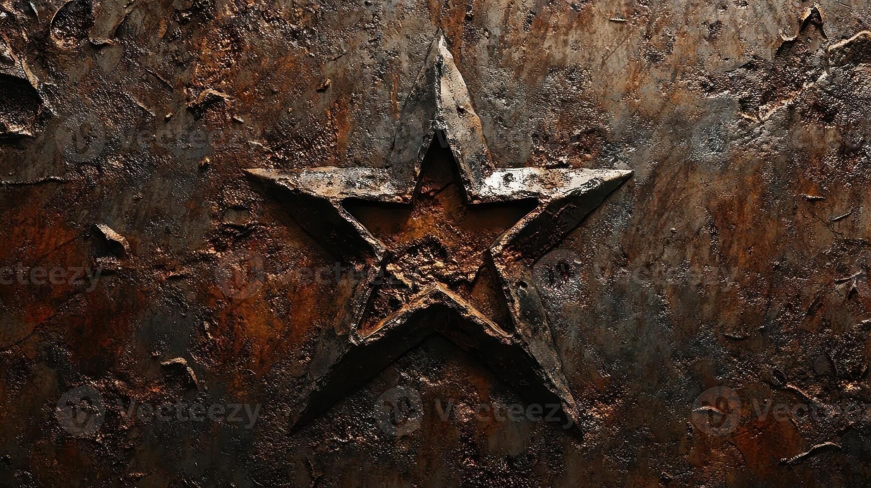 A rusty five pointed star emerges from textured brown surface photo