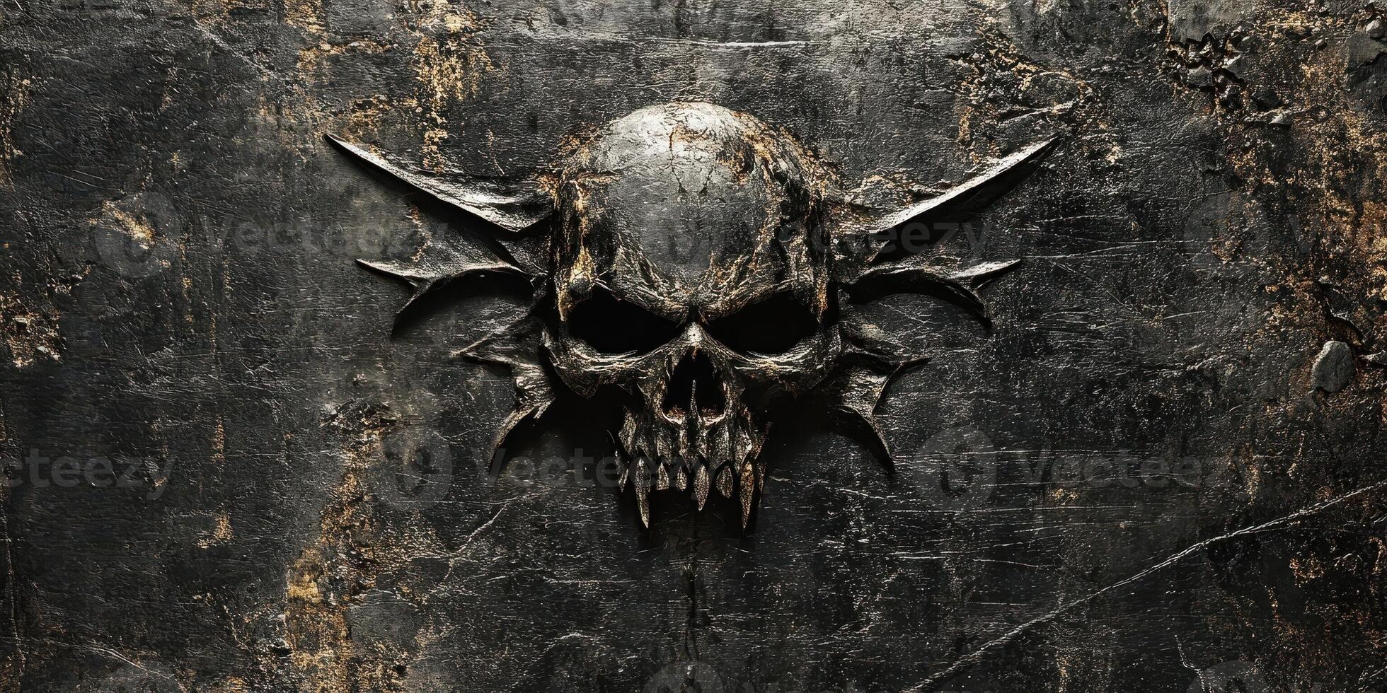 Grim skull with wing like protrusions is carved in stone photo