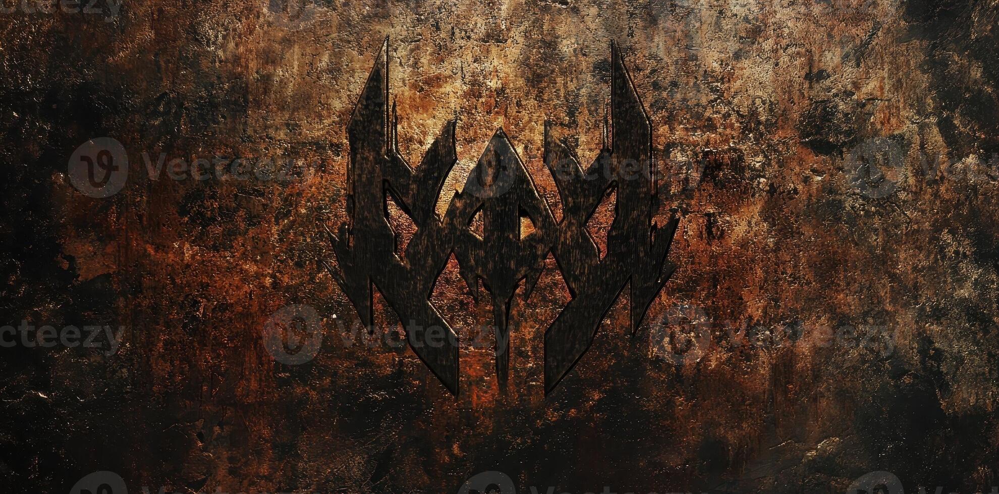 Dark symbol etched onto a weathered and distressed surface photo
