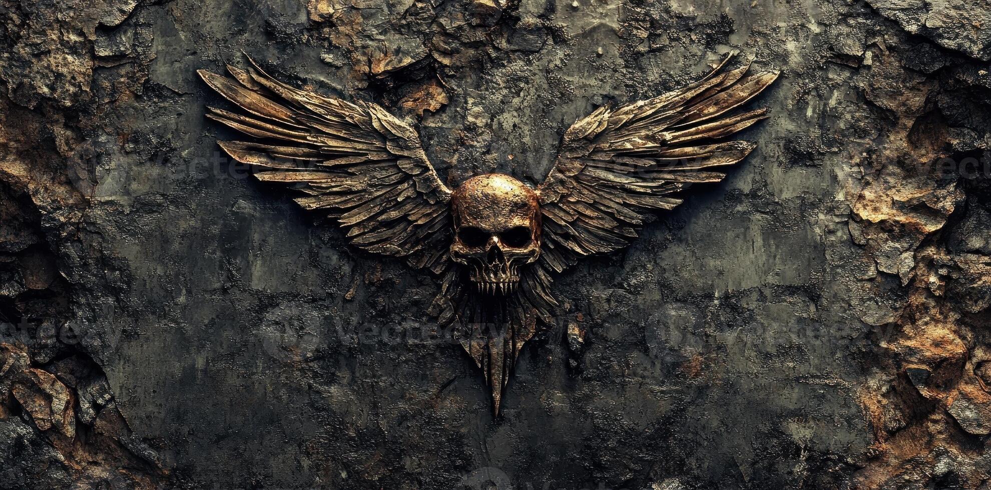 Skull with spread wings carved into a stone wall photo
