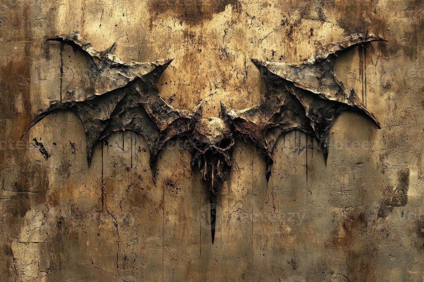 Dark ominous bat skull symbol carved into an ancient wall photo