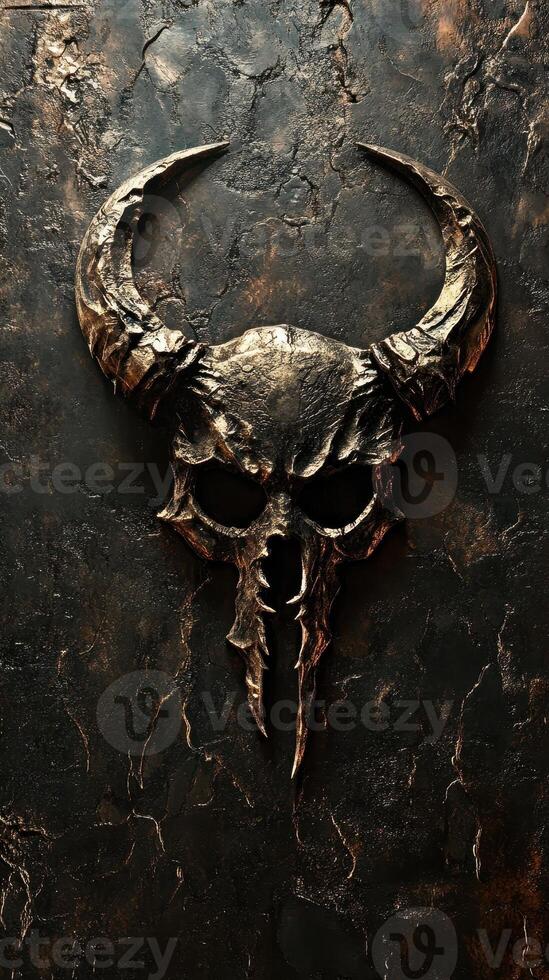 Bronze skull with horns mounted on dark textured background photo