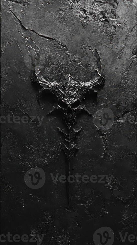 Carved demonic emblem embedded within dark rough textured surface photo