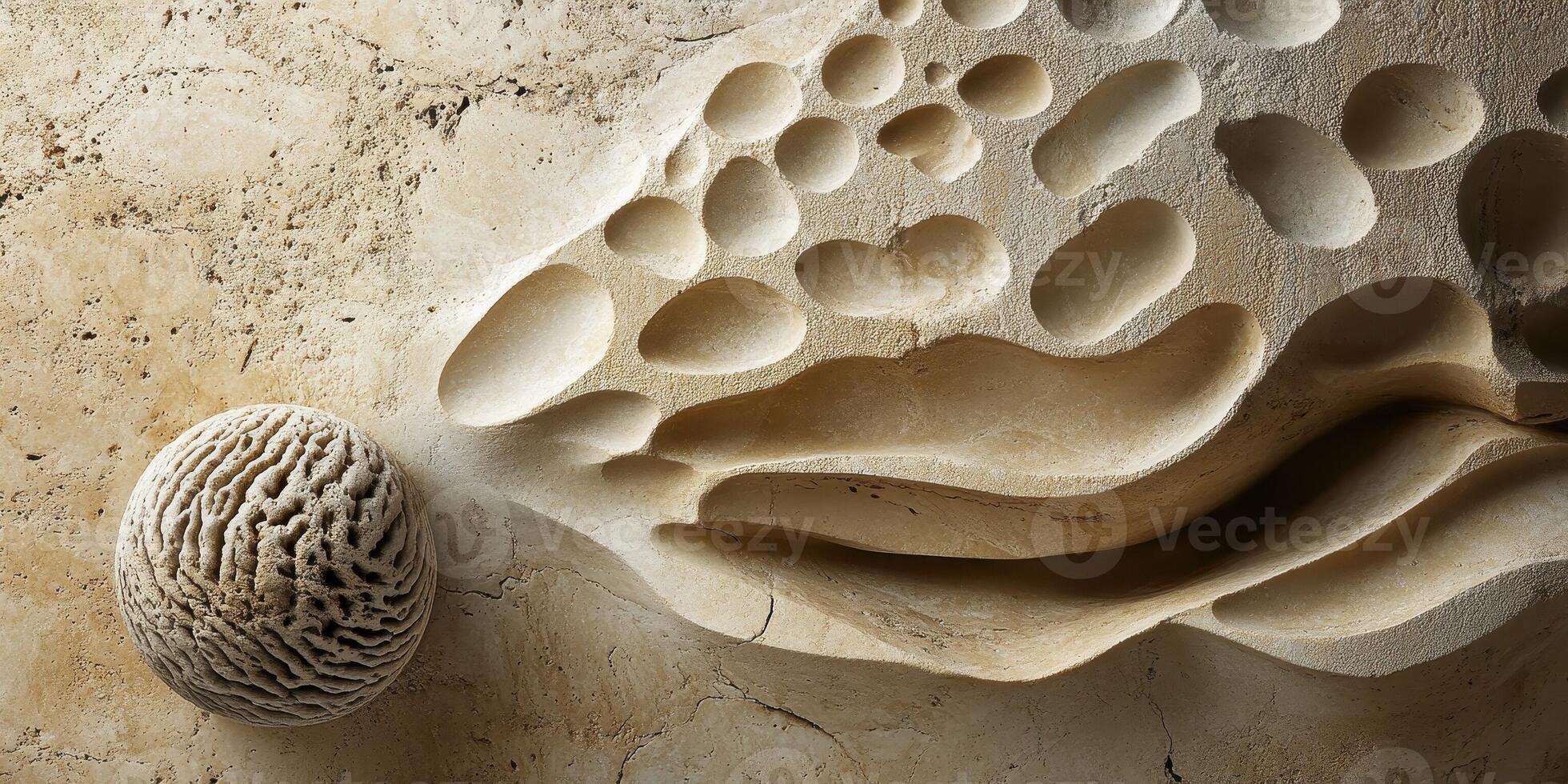 Abstract textured stone features a sphere and smooth indentations photo