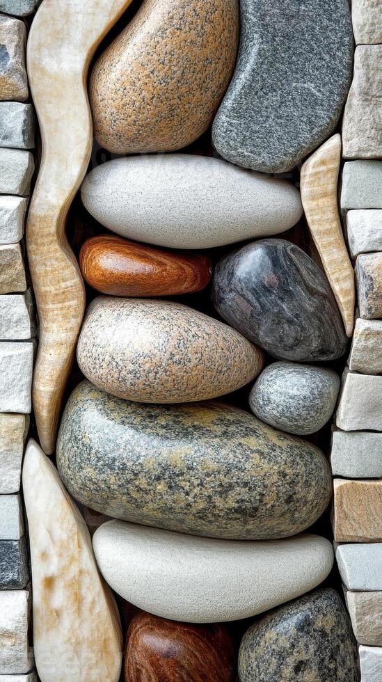 Smooth river stones are layered between textured brickwork edges photo