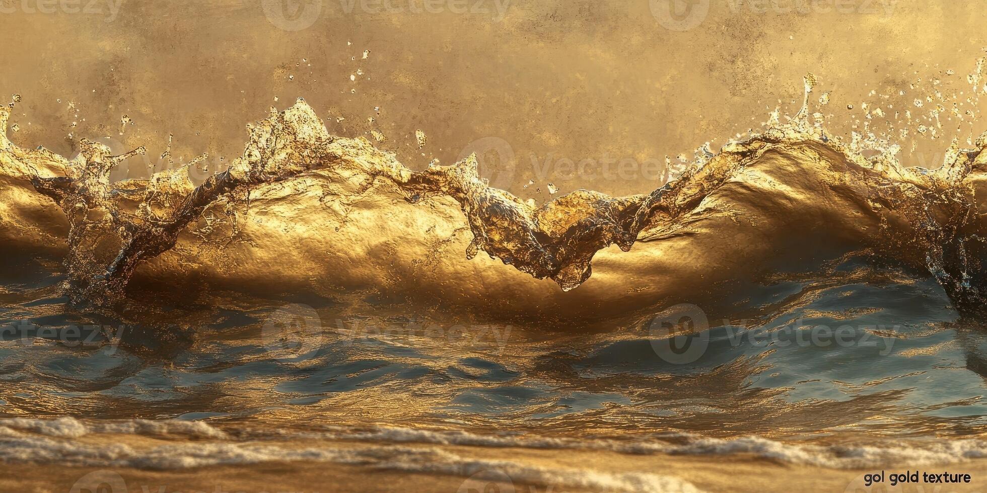 Splashing golden ocean wave illuminated by bright sunlight photo