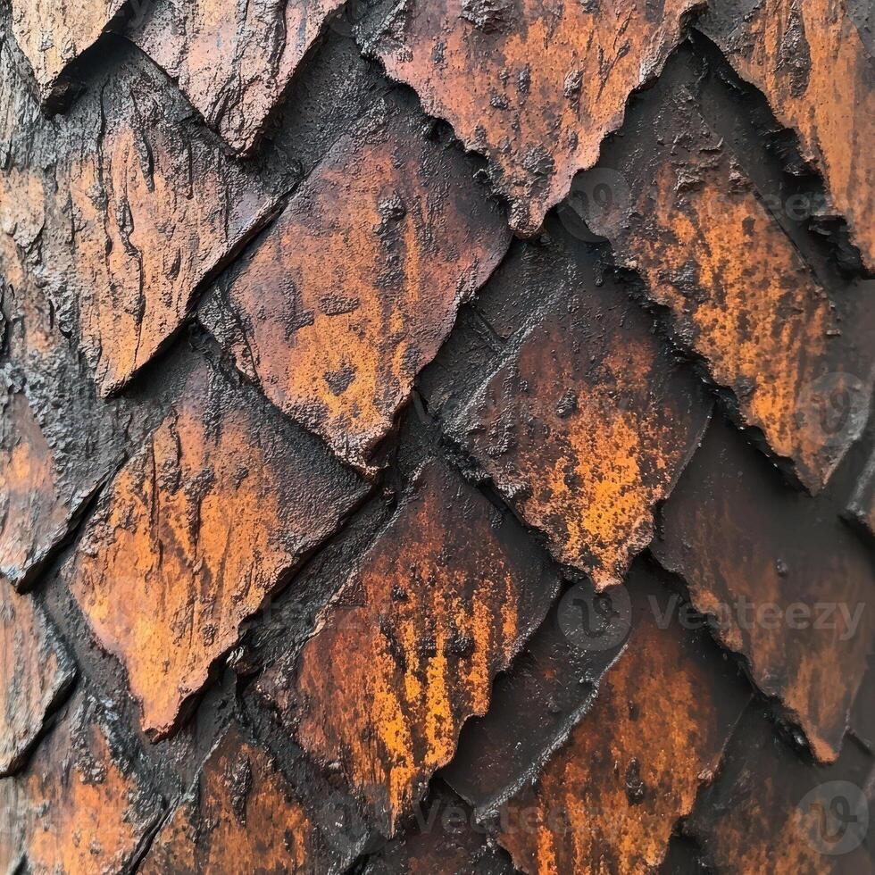 Close up of overlapping rustic orange and black textured scales photo