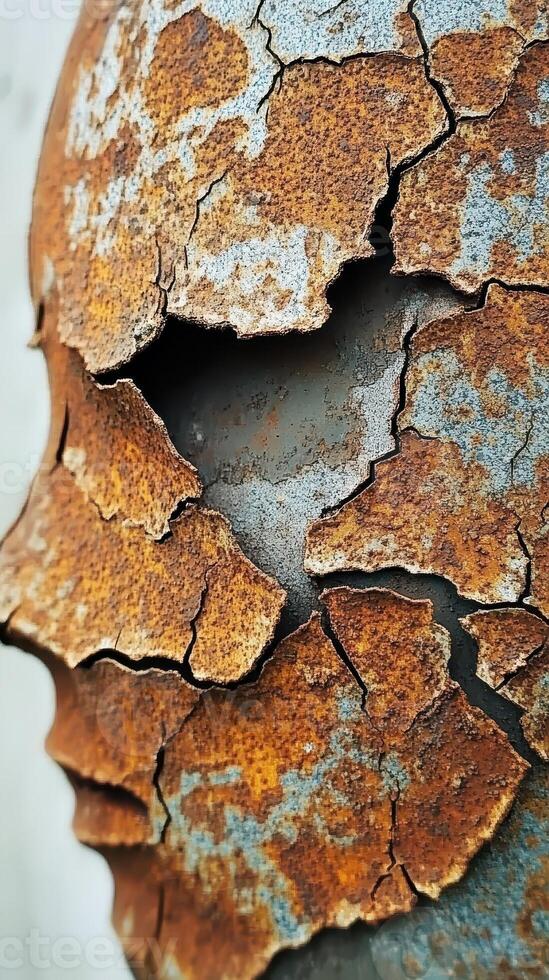Close up shows rust and cracked paint on metal photo