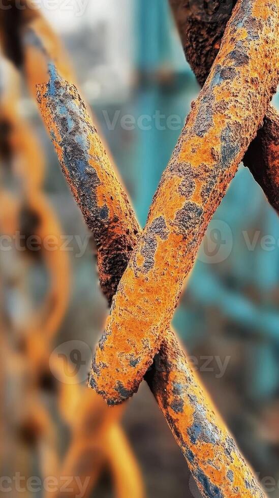 Close up of weathered rusty metal chain links interlocked tightly photo