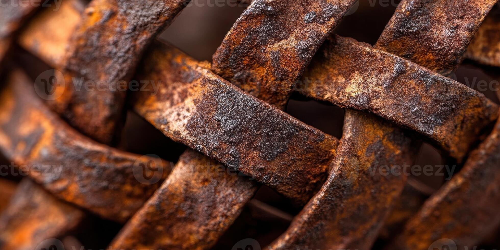 Woven rusted metal strips create an abstract textural pattern photo