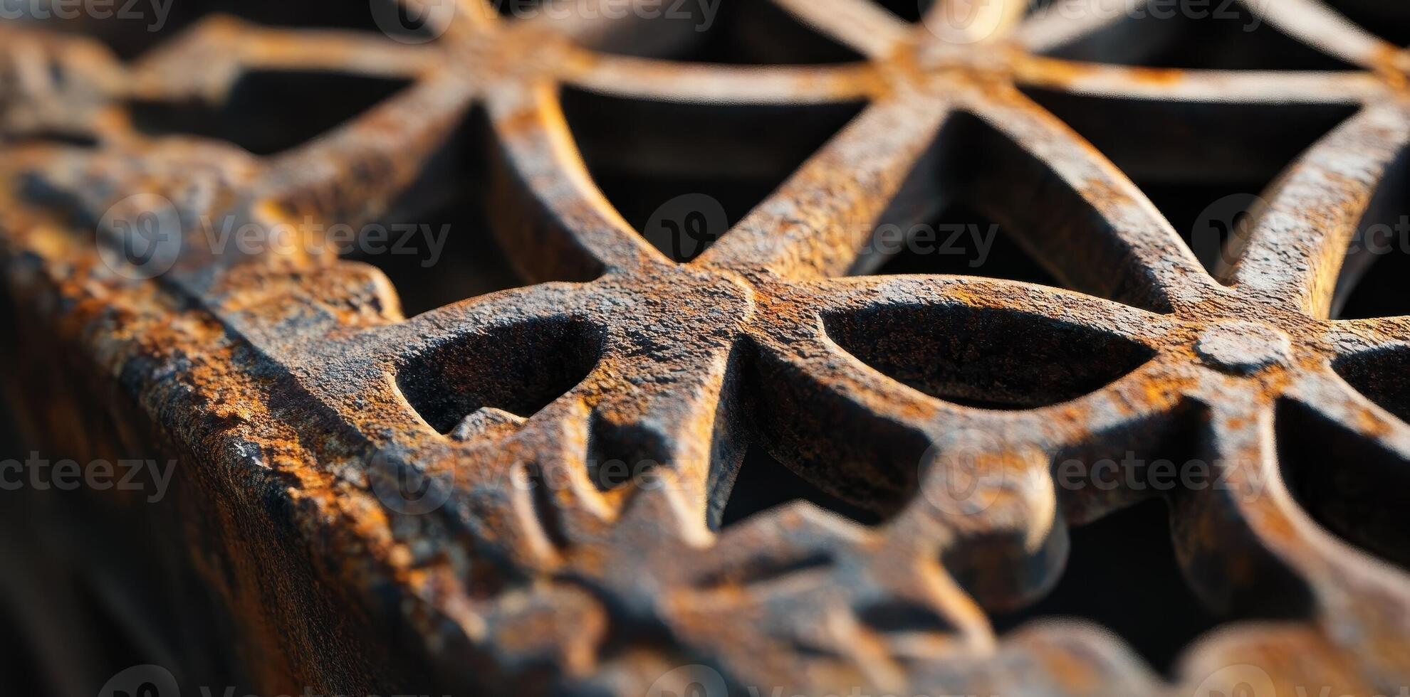 Intricate decorative metalwork shows surface rust and weathering photo