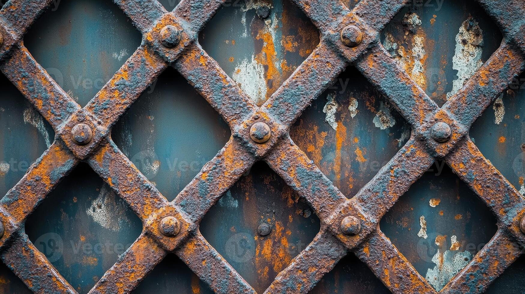 Metal lattice covered in rust with aged blue background photo