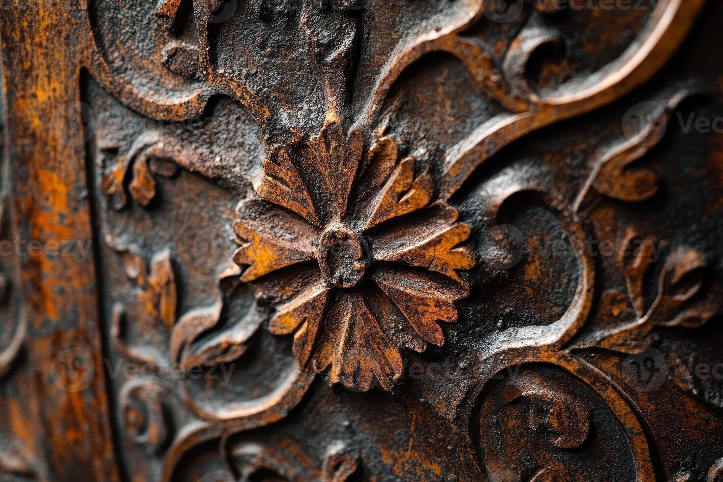 Ornate metalwork features a flower motif with rust texture photo