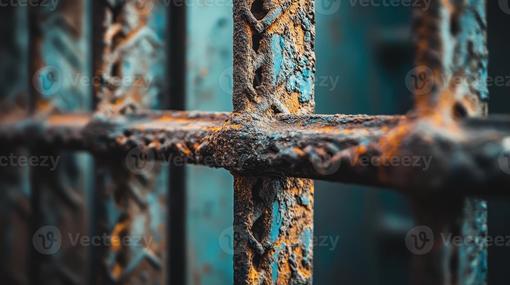 Close up shows weathered and rusty iron gate details photo
